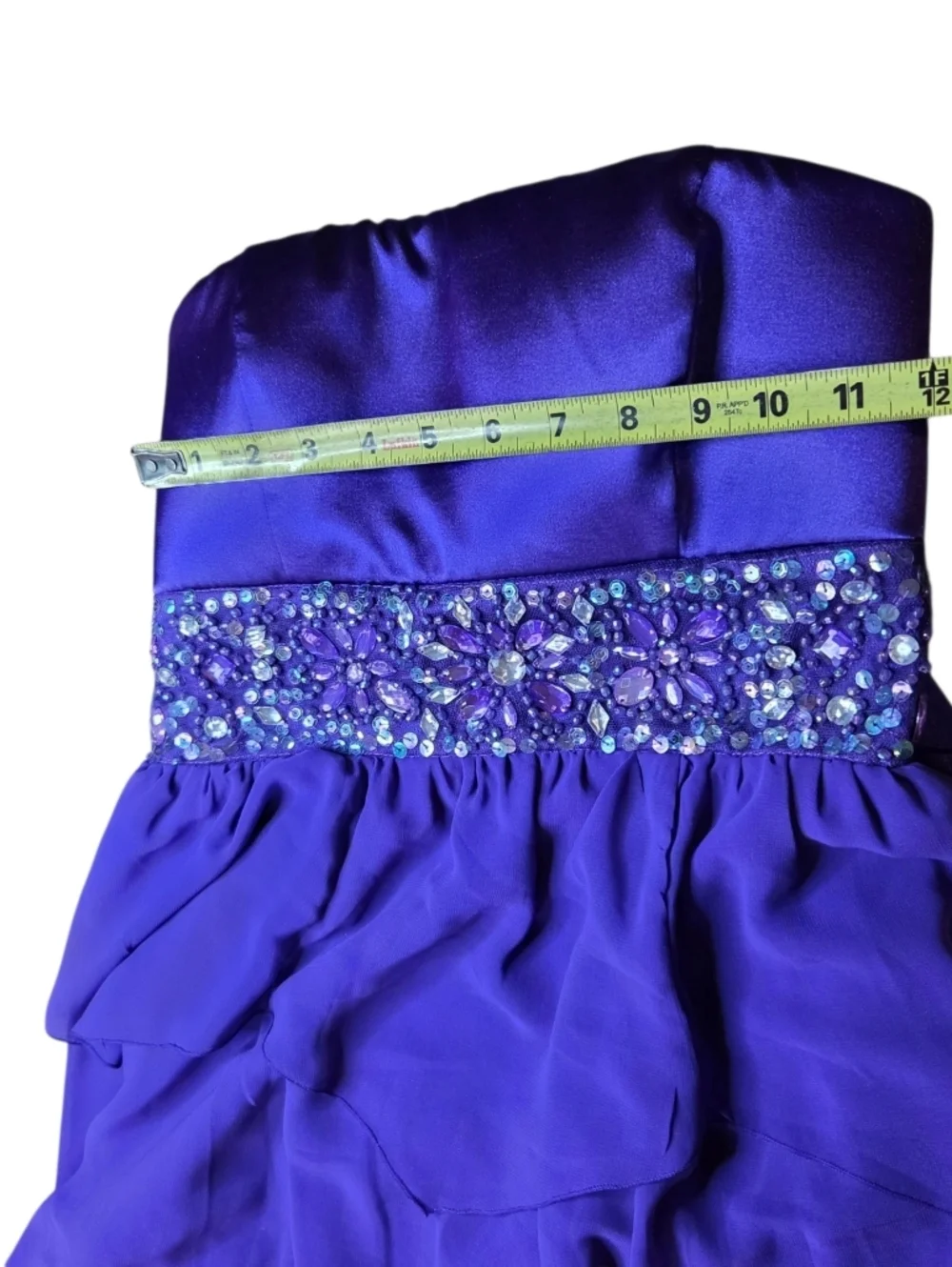 Sequin Hearts Purple Bejeweled Waist Layered Chiffon Prom Dress
